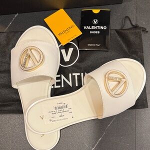 Valentino White Slide Sandals with Gold Logo Medallion
